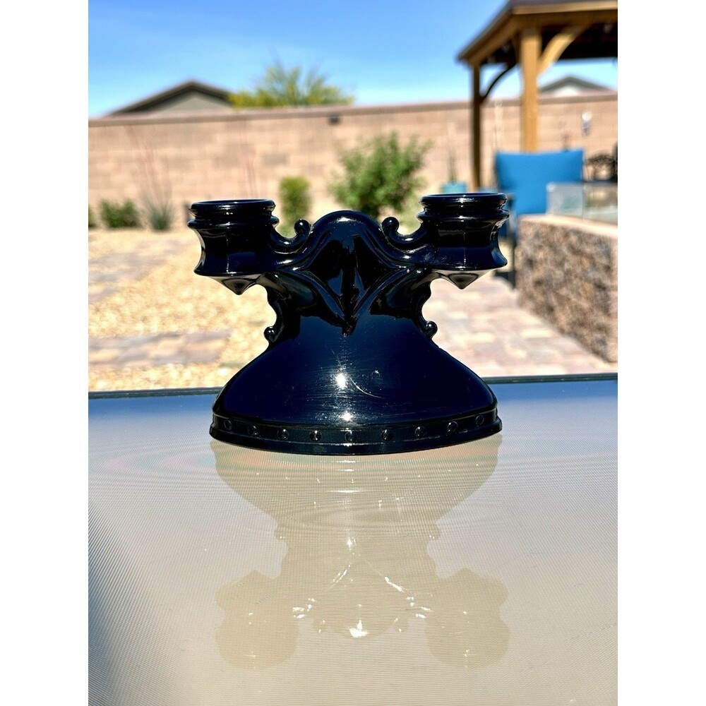 Vintage L.E. Smith Black Amethyst Glass Mt. Pleasant Double Shield Candlestick